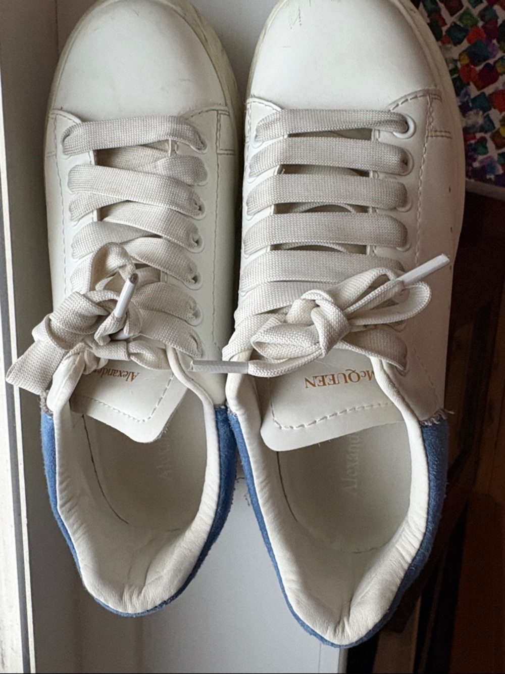 Alexander McQueen White Leather Sneakers with Blue Suede Heel Tabs  - size 38
